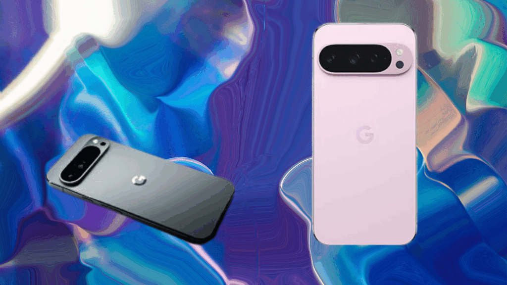 google Pixel 9 Pro XL smartphones in black and pink colors showing the redesigned camera bar and back design against a colorful abstract background.