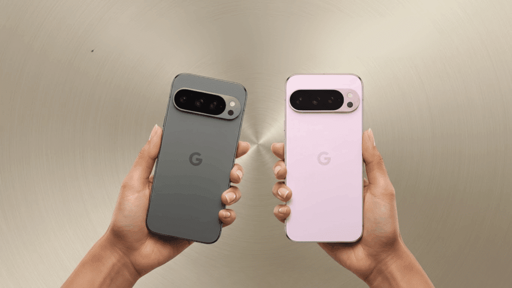 google Pixel 9 Pro XL smartphones in black and pink colors showing the redesigned camera bar and back design against a colorful abstract background. (1)
