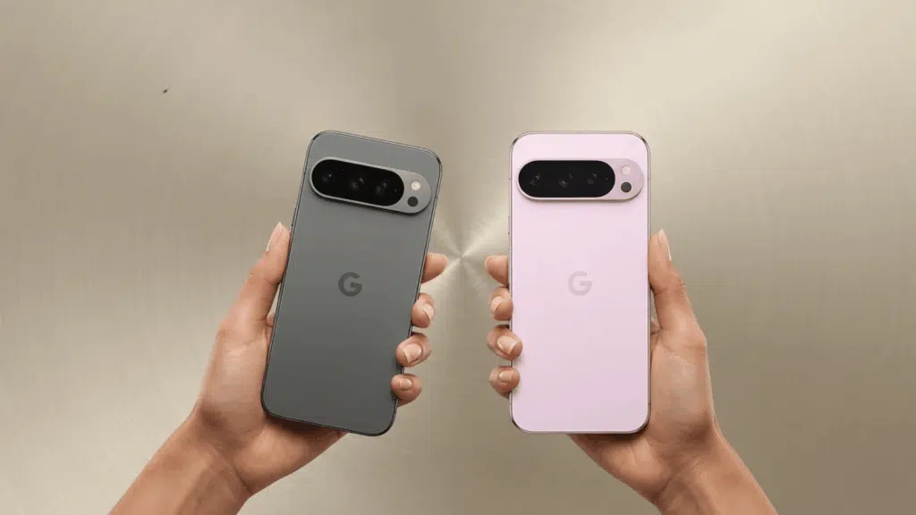 google Pixel 9 Pro XL smartphones in black and pink colors showing the redesigned camera bar and back design against a colorful abstract background. (1)