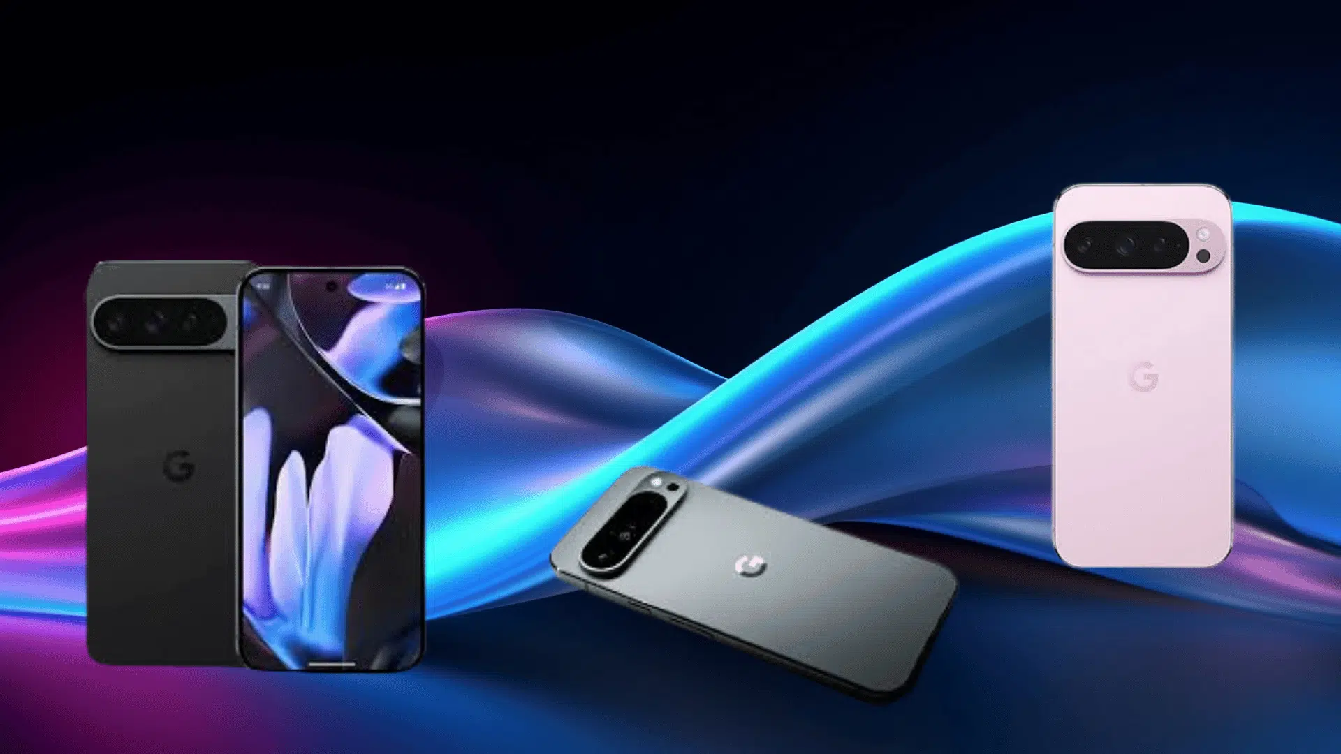 google Pixel phones shown from front and back on colorful background highlighting design, display, and camera bar comparison.