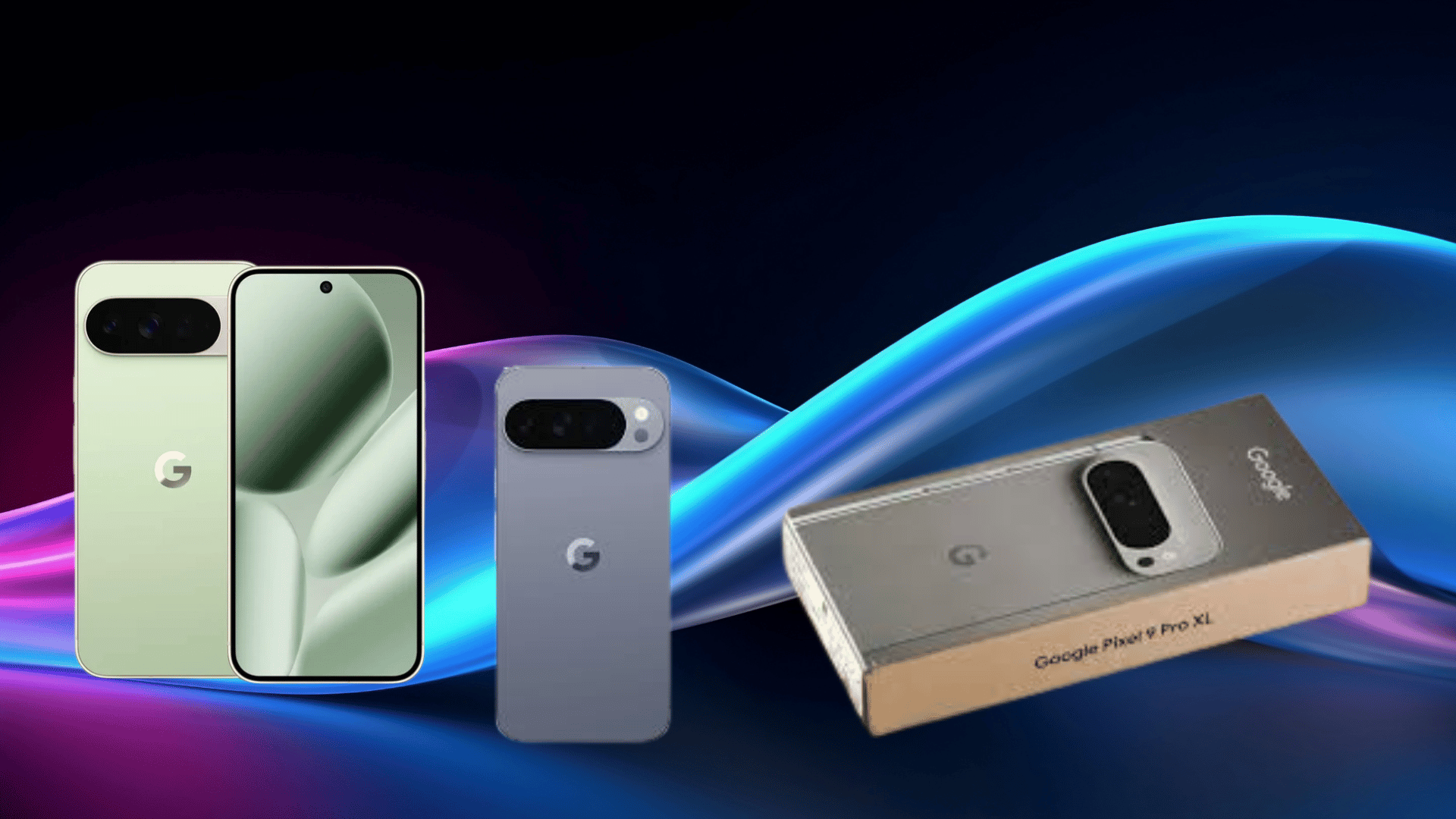 google Pixel 10 Pro XL shown in multiple colors with retail box, highlighting design, camera module, and premium flagship alook