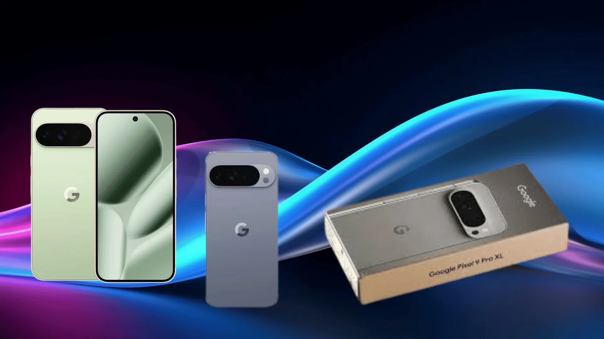 google Pixel 10 Pro XL shown in multiple colors with retail box, highlighting design, camera module, and premium flagship alook