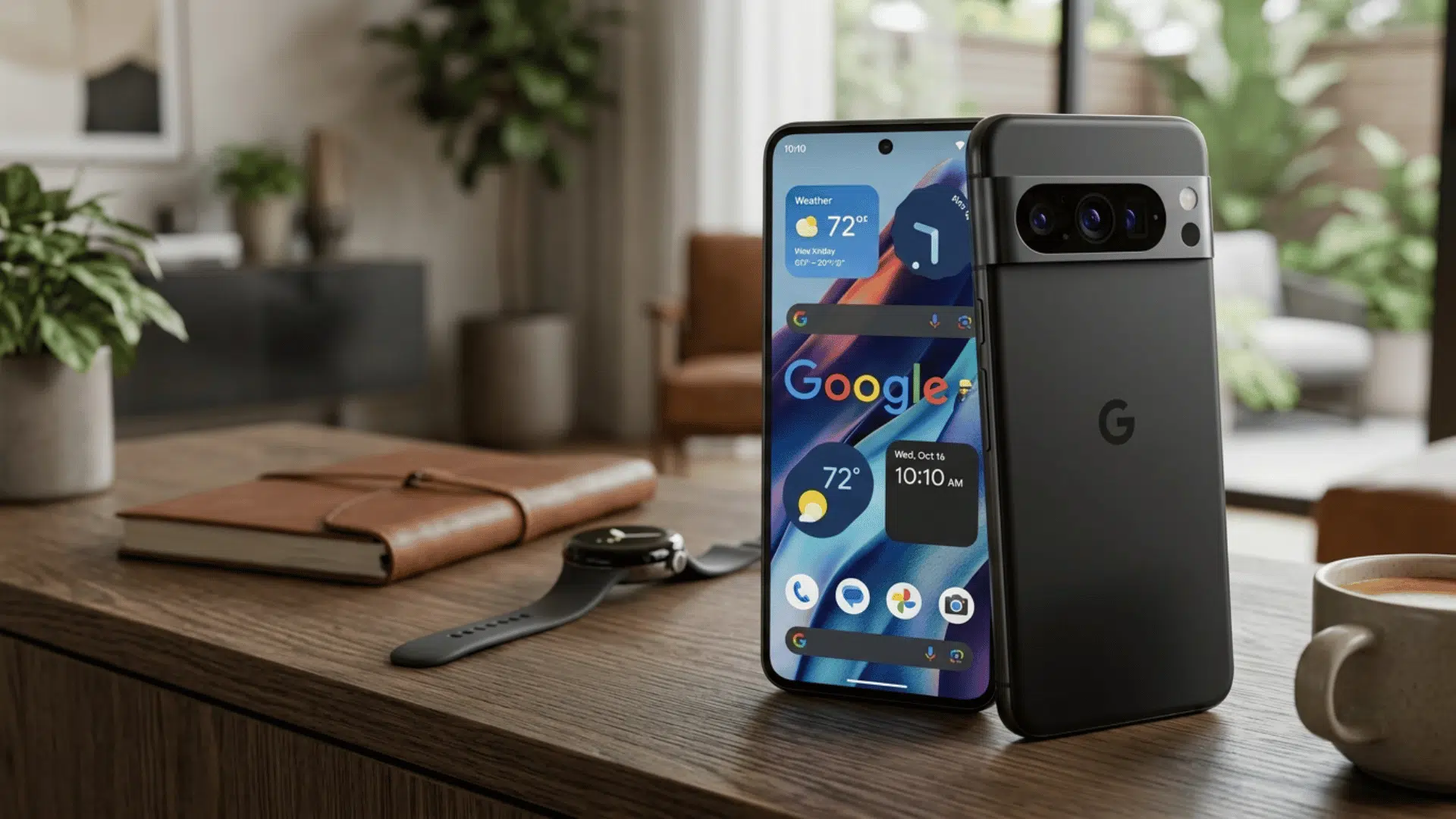 google Pixel 10 Pro XL shown on a desk with smartwatch and coffee, highlighting design, display, and premium build in a home setting