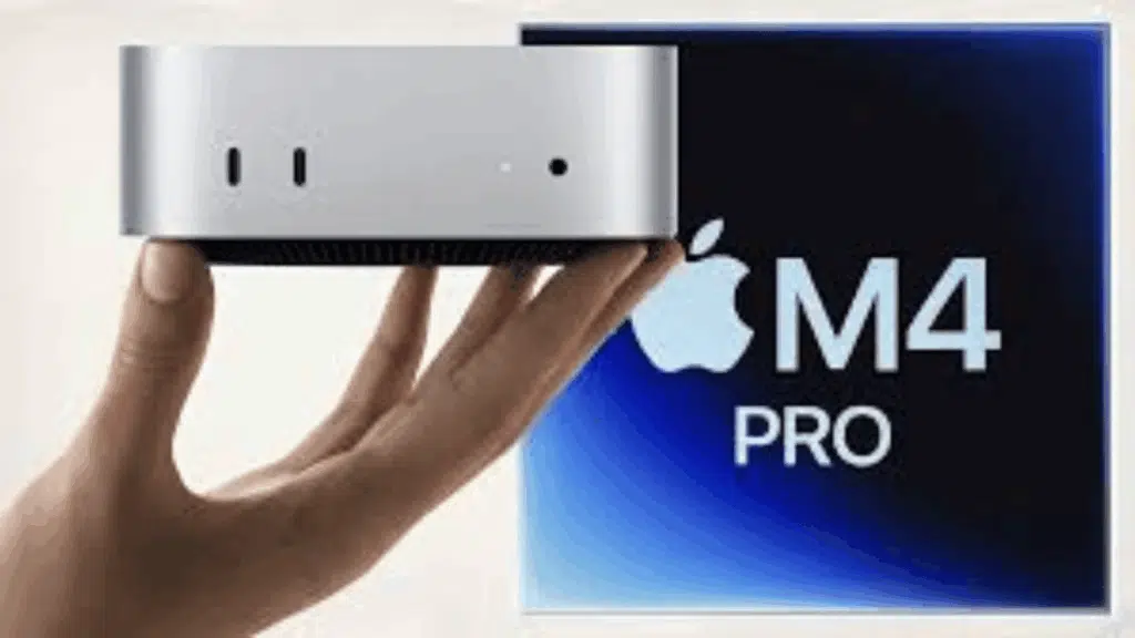 hand holding a compact Apple Mac mini in front of M4 Pro branding, highlighting its small size and sleek aluminum design.