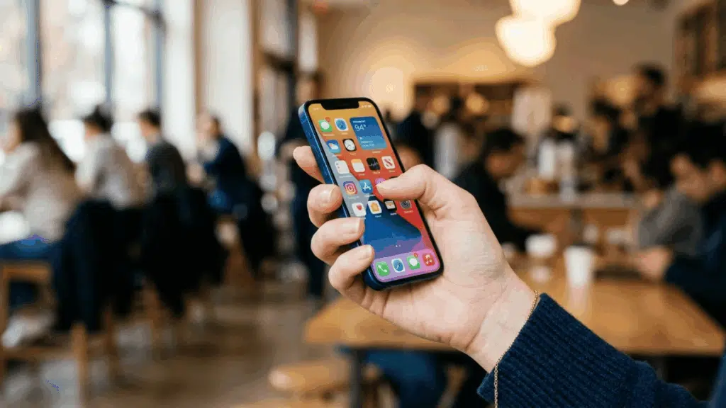 hand holding an iPhone 12 Mini showing the home screen while standing in a busy café environment with blurred people in background.