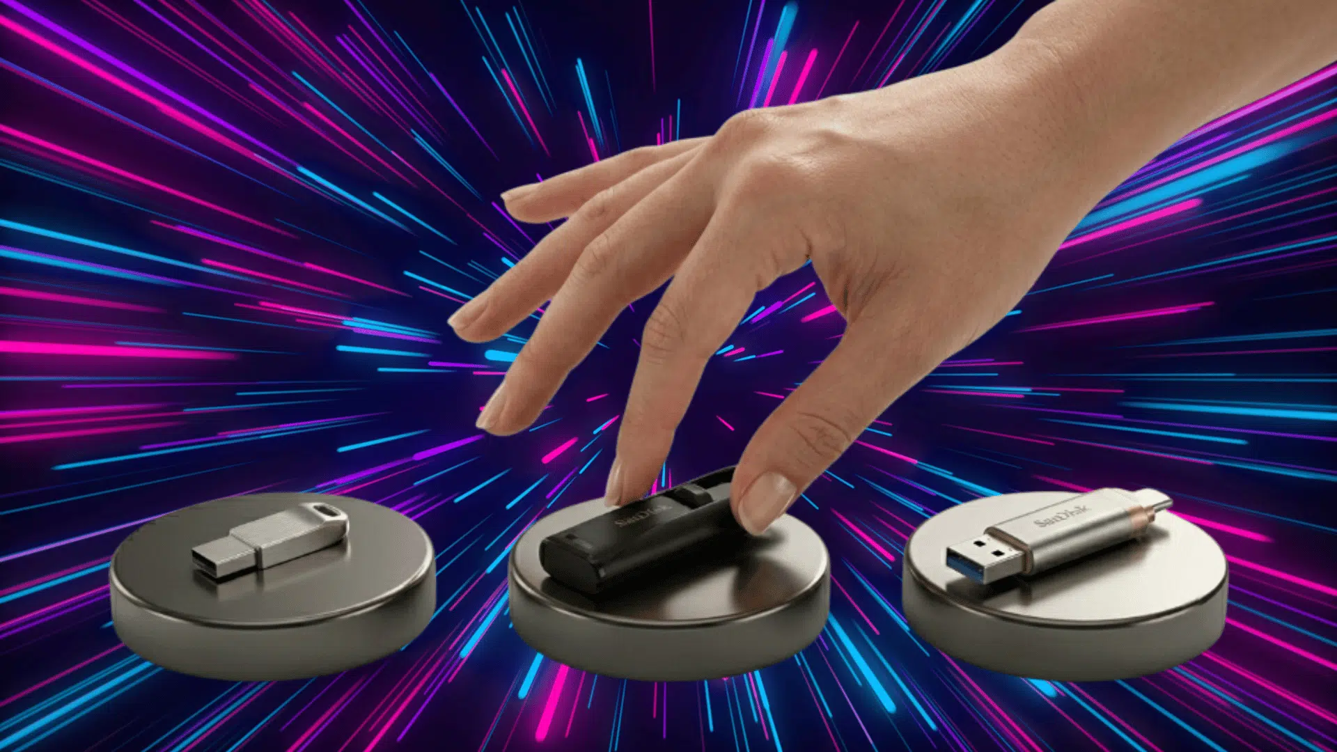 hand selecting a USB flash drive from three different portable storage devices displayed on round stands against a clean background.