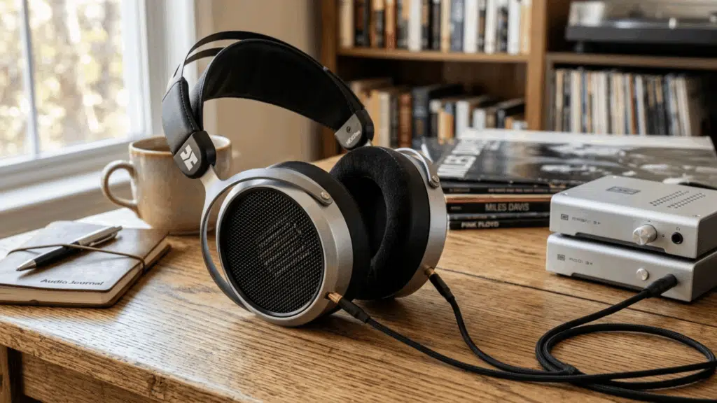 hifiman HE400se headphones on a wooden desk with DAC amp, books, and coffee, showing an open-back design and home listening setup.