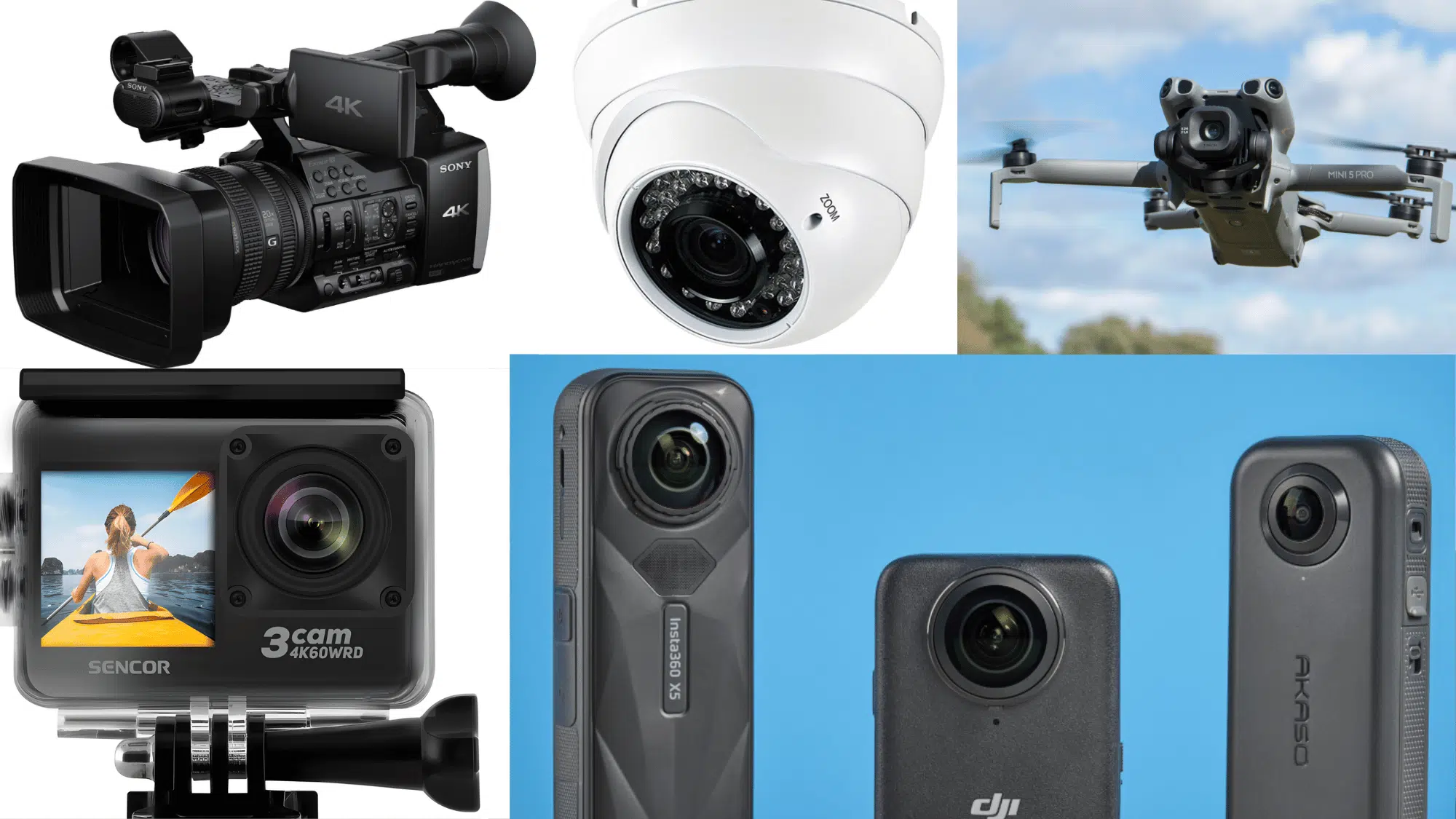 high-quality collage showcasing five different types of cameras