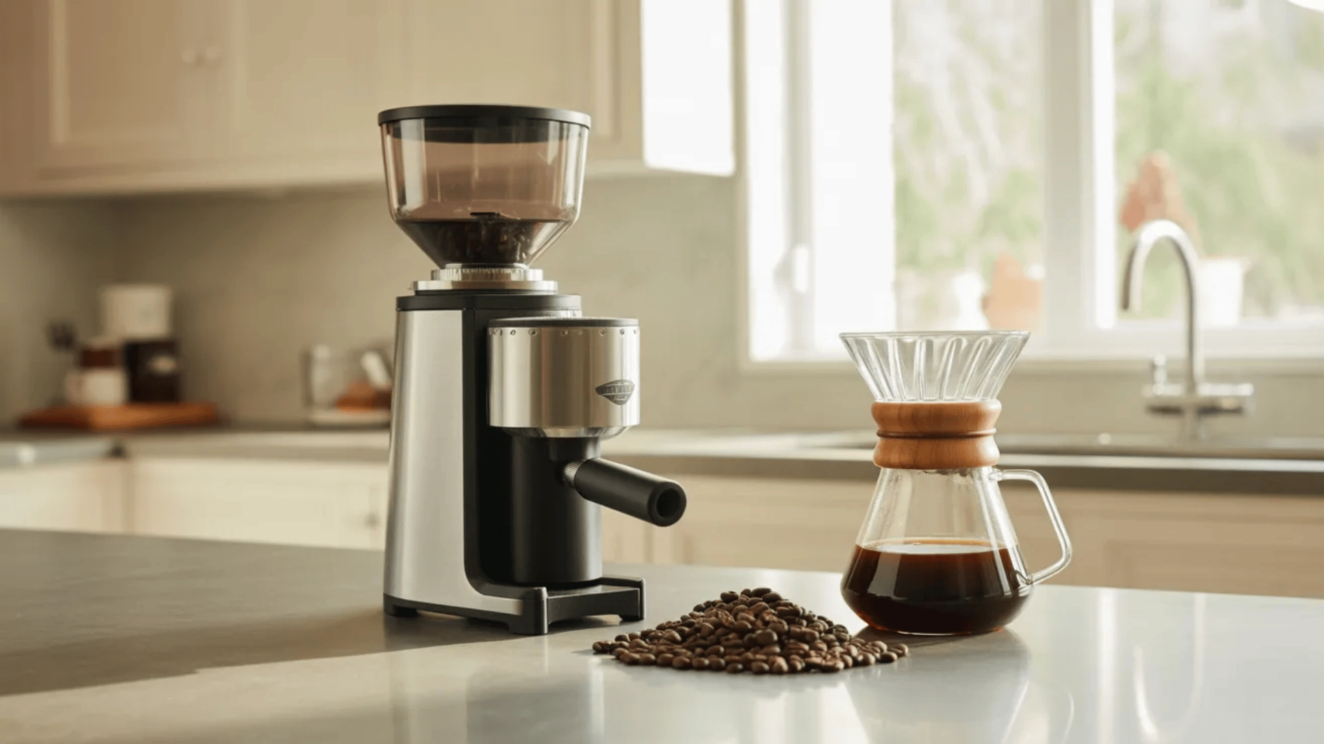 Home coffee grinder on kitchen counter beside pour-over brewer and coffee beans