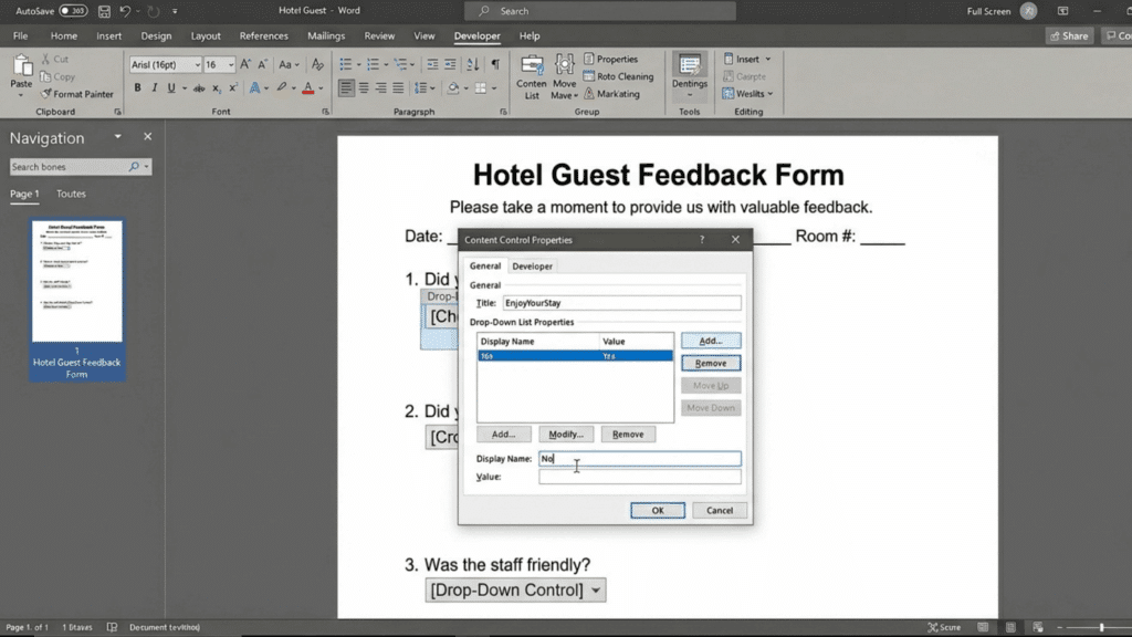 hotel feedback form in word with dropdown control properties window editing yes and no options for selection