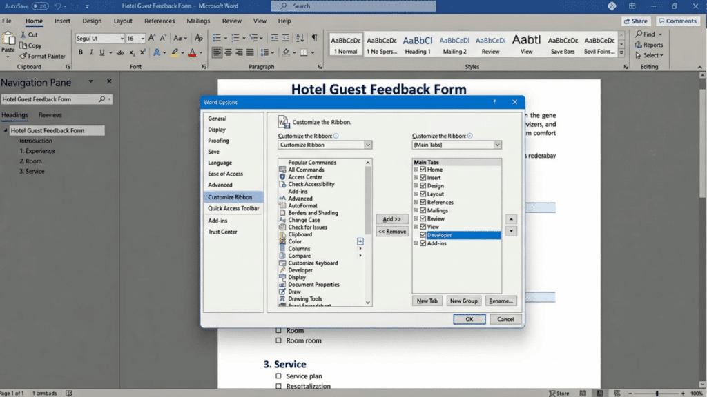 hotel guest feedback form in microsoft word showing ribbon customization and developer tab enabled settings