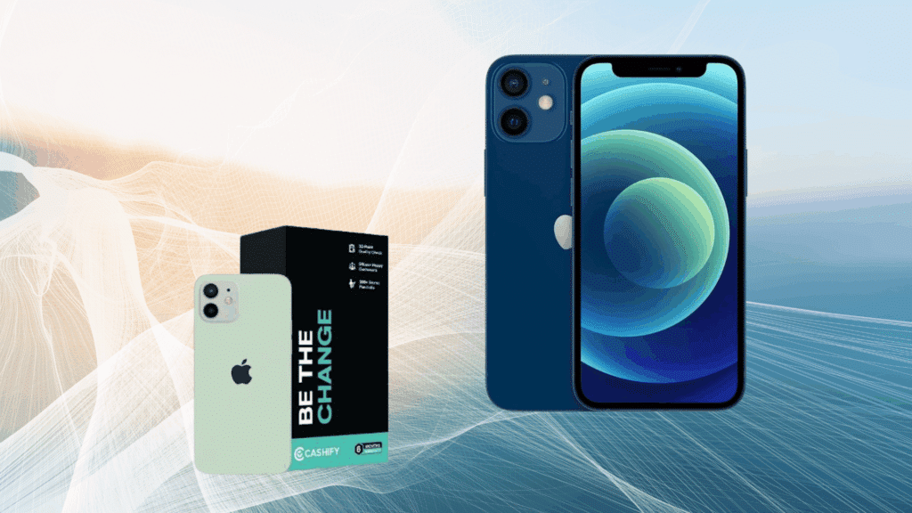 iPhone 12 Mini shown from front and back with retail box on abstract background highlighting compact design and dual camera setup.