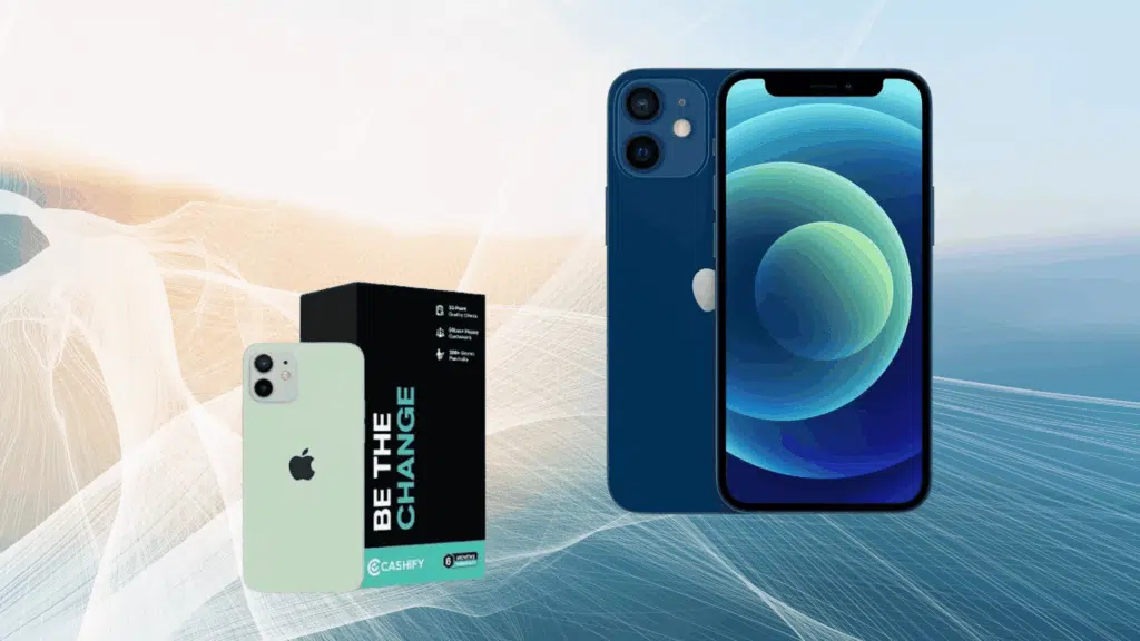 iPhone 12 Mini shown from front and back with retail box on abstract background highlighting compact design and dual camera setup.