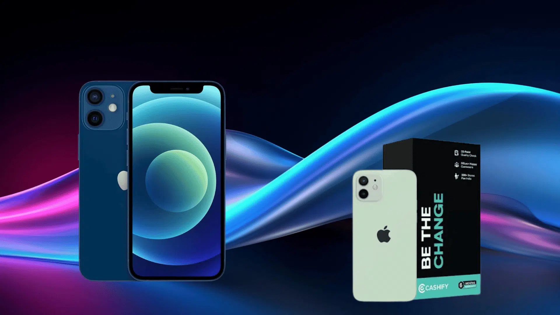 iPhone 12 Mini shown from front and back with retail box on colorful abstract background highlighting compact design and dual camera setup.