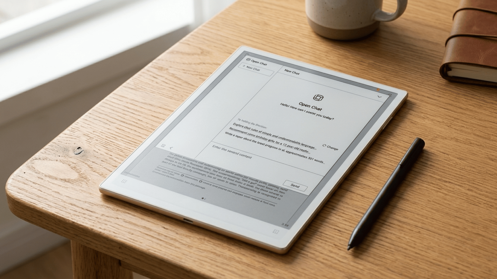 iflytek ainote2 e- ink tablet open to chat interface with stylus beside it, placed on desk with notebook and mug for productivity setup