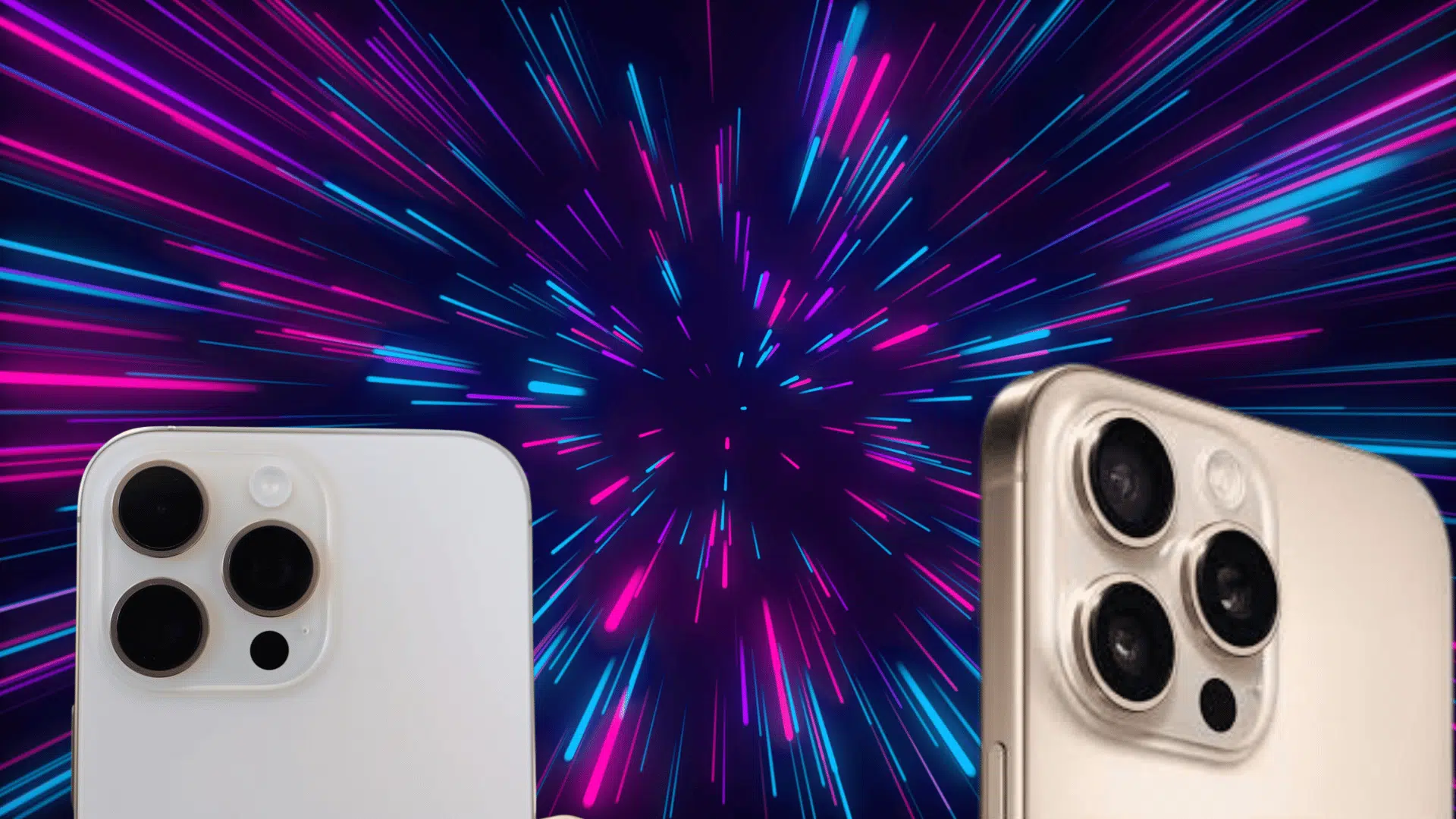 iPhone Pro models with triple camera setup showcased against vibrant neon background highlighting modern design and camera system