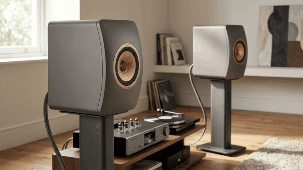 kef ls 50 Meta speakers on stands in a home audio setup with amplifier and turntable, showcasing modern design and premium build