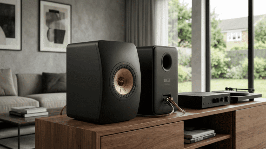 kef ls50 Meta bookshelf speakers placed on a wooden console with audio system, highlighting rear ports and clean home setup