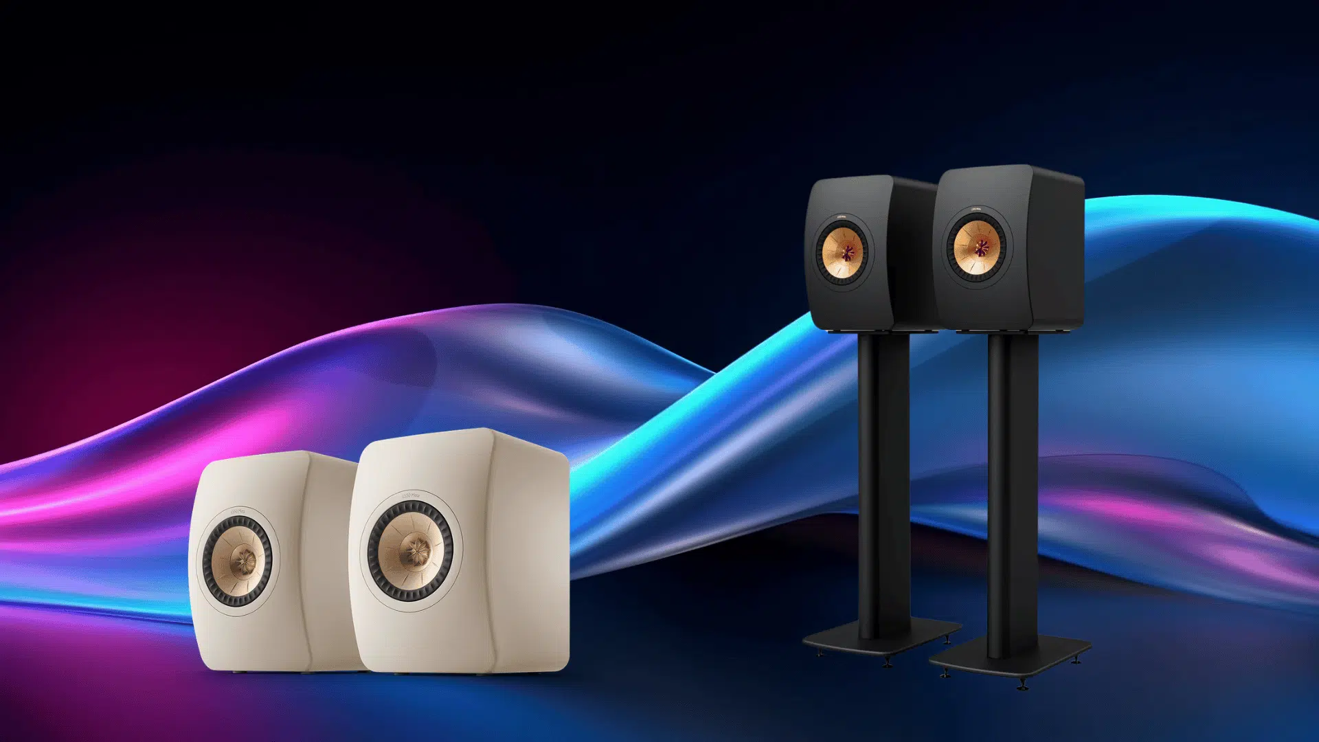 kef ls50 Meta speakers in black and white on stands with colorful background, showing design options and premium finish