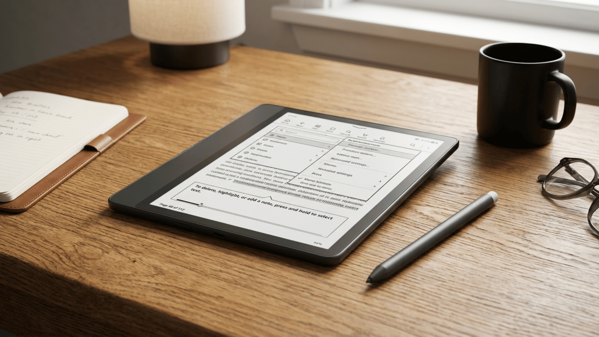 kindle scribe note taking tablet with stylus on wooden desk displaying interface menu, ideal for reading, writing, and organizing notes (2)