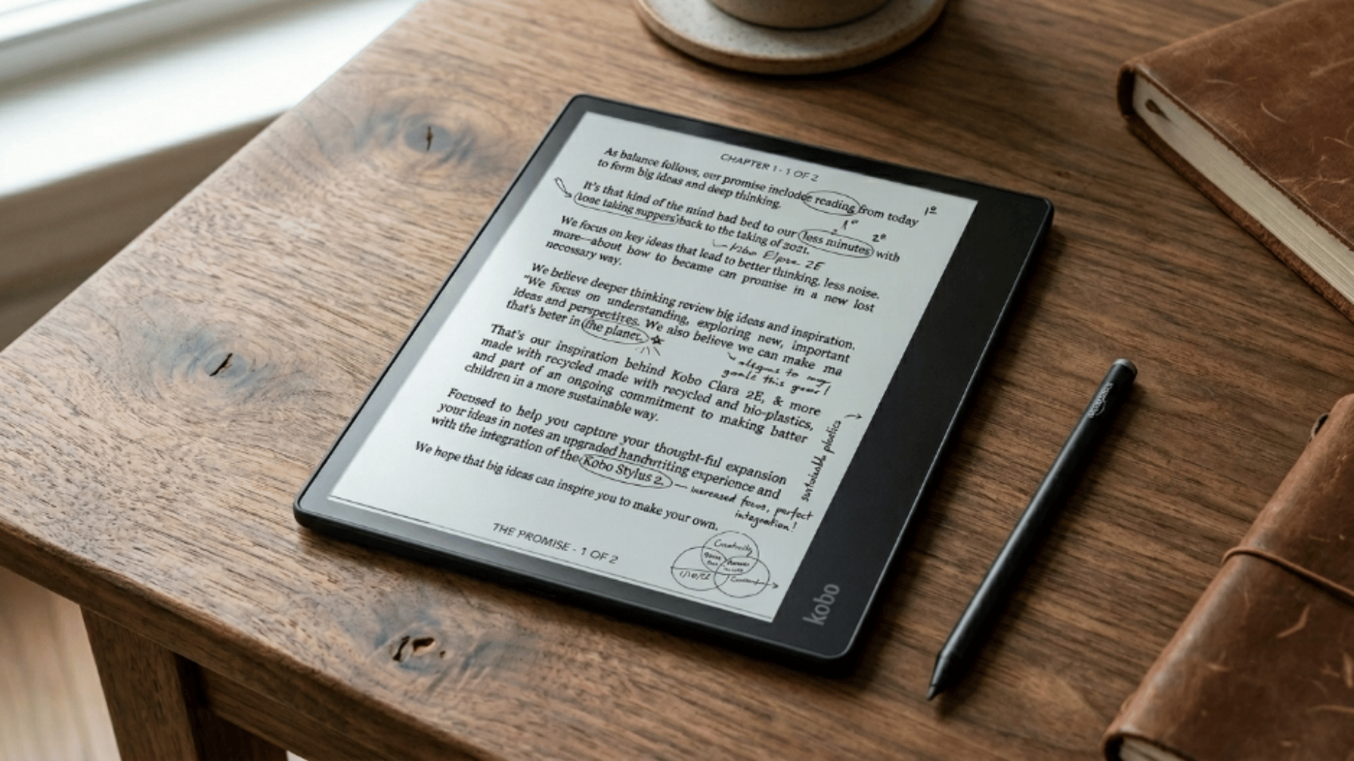 kobo e-ink tablet displaying text page with stylus on wooden table, ideal for distraction-free reading and note-taking