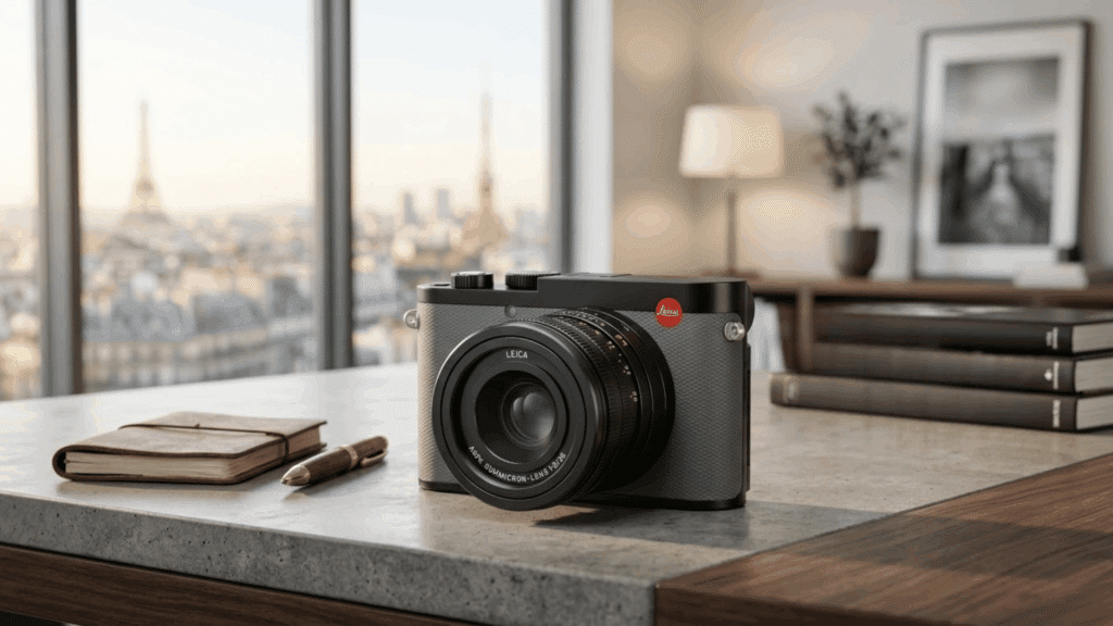 leica Q3 camera placed on a desk with books and notebook, with a city skyline visible through the window in the background. (1)