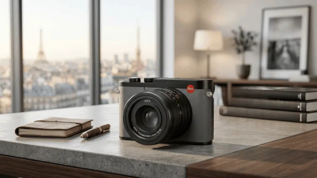 leica Q3 camera placed on a desk with books and notebook, with a city skyline visible through the window in the background. (1)