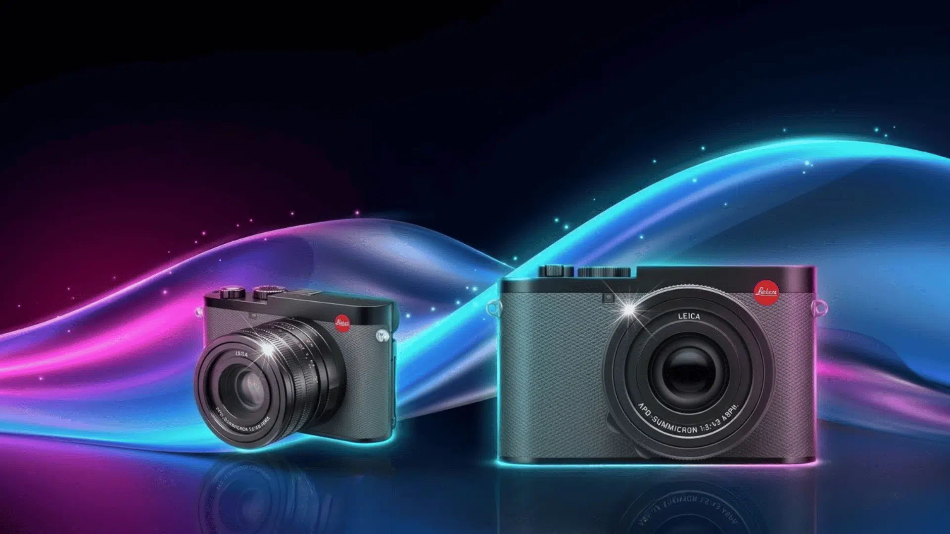 leica Q3 compact camera shown from front and angled views with glowing colorful background highlighting its lens and body design.