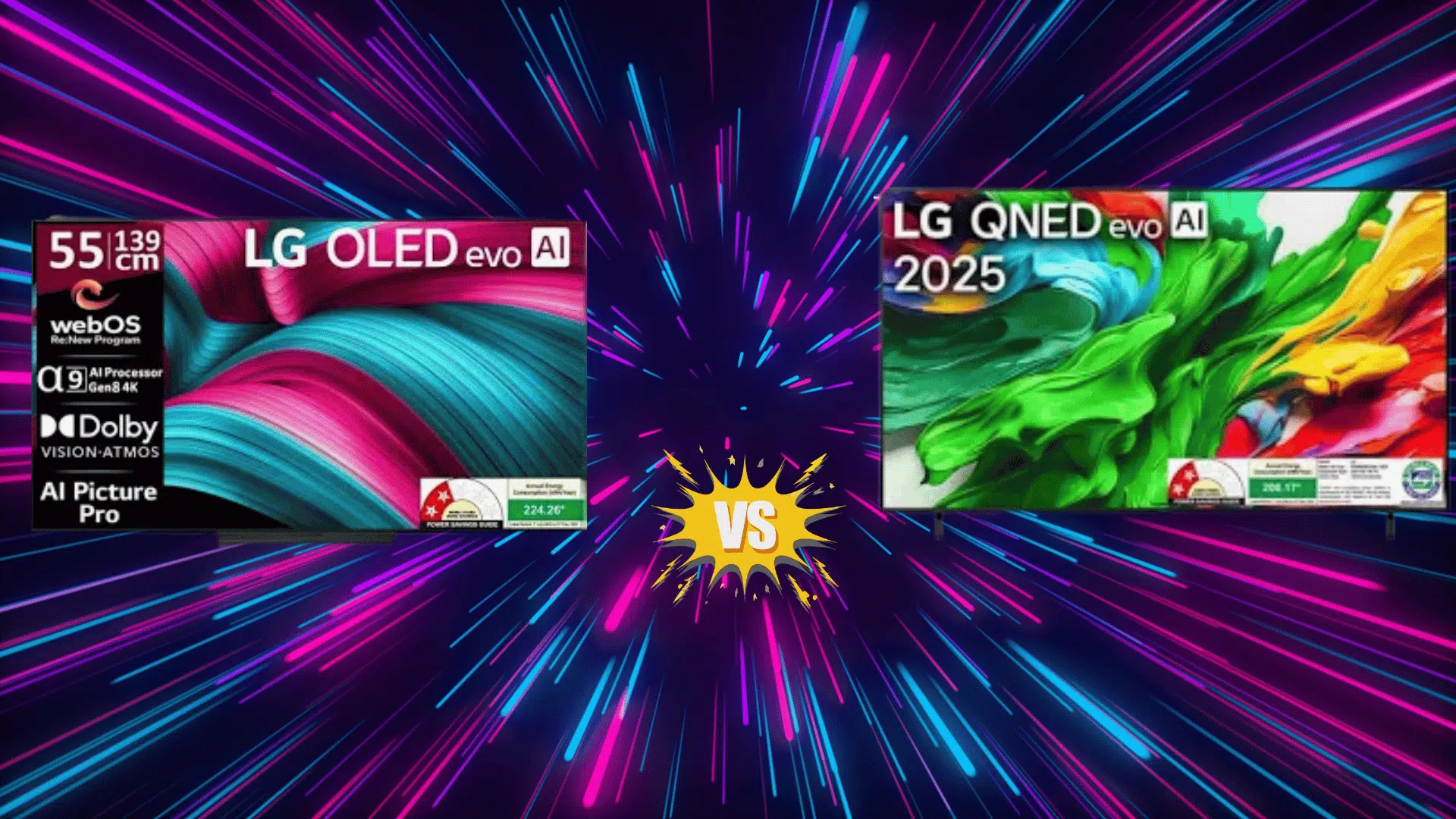 lg OLED vs QNED TV models comparison graphic with colorful display panels, emphasizing differences in picture quality and features