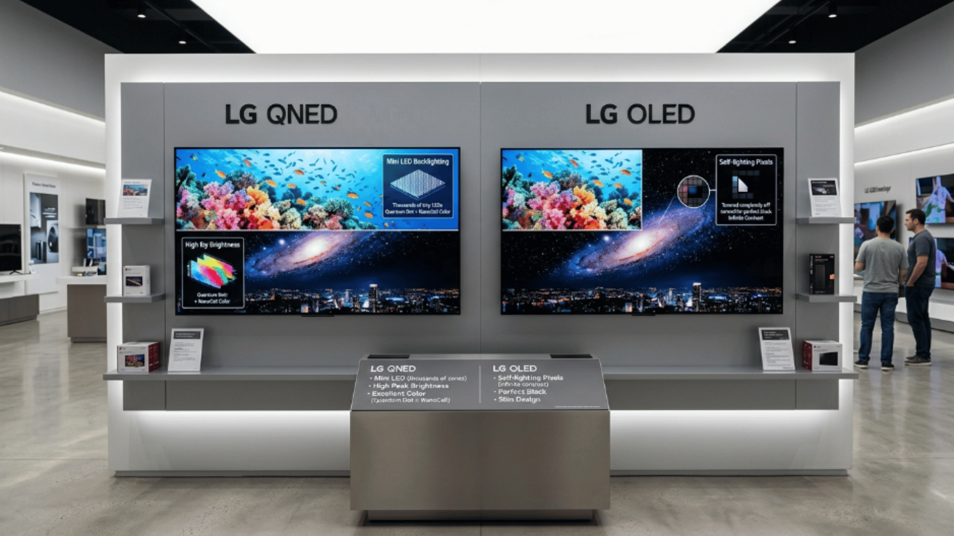 lg QNED vs OLED TVs displayed side by side in a showroom, highlighting differences in brightness, color, and contrast performance (1)