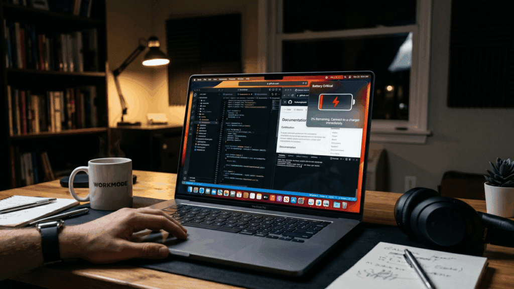 macBook pro screen showing low battery warning with fast draining icon