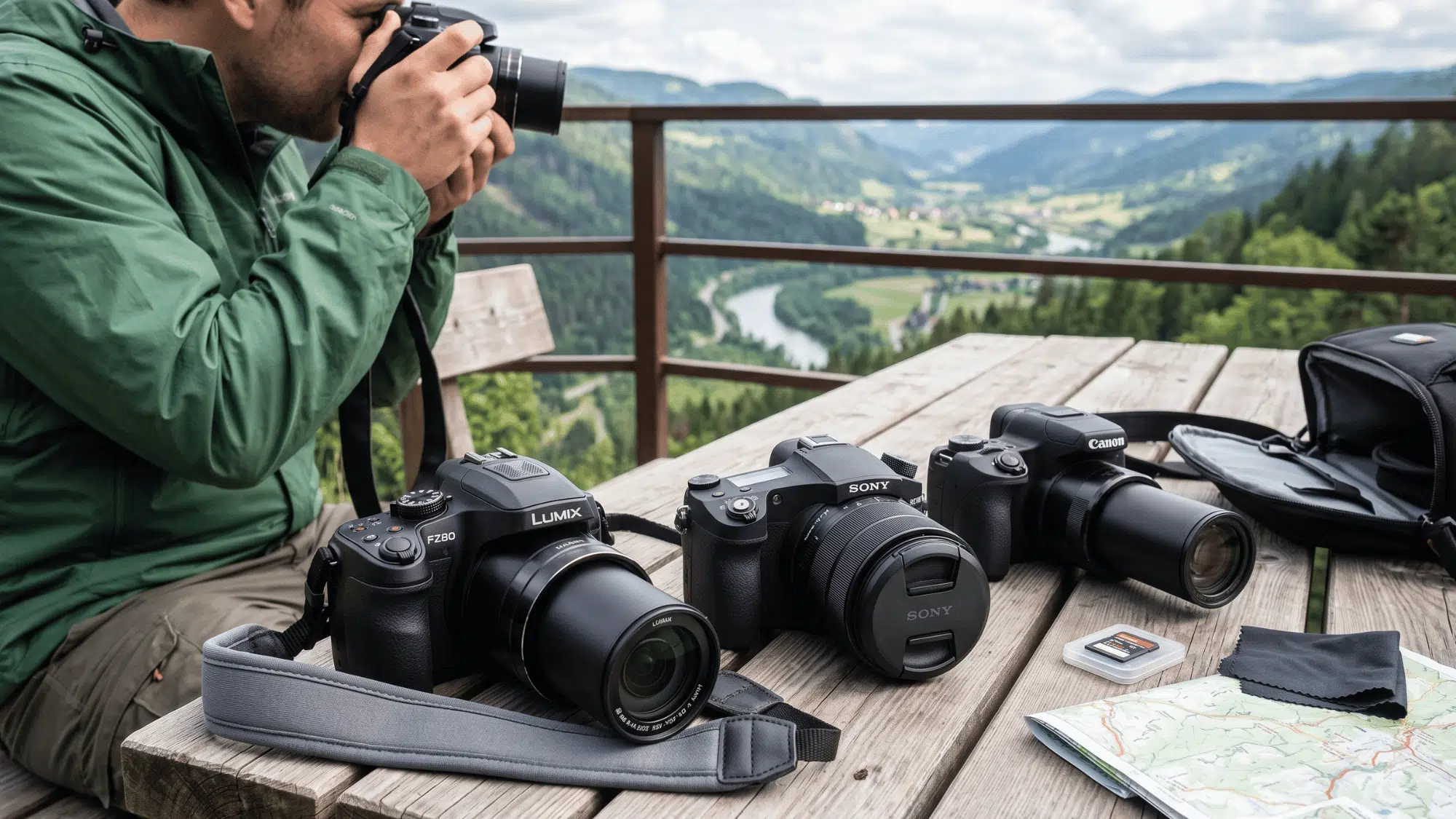man clicking pictures through bridge camera and many kept on the table