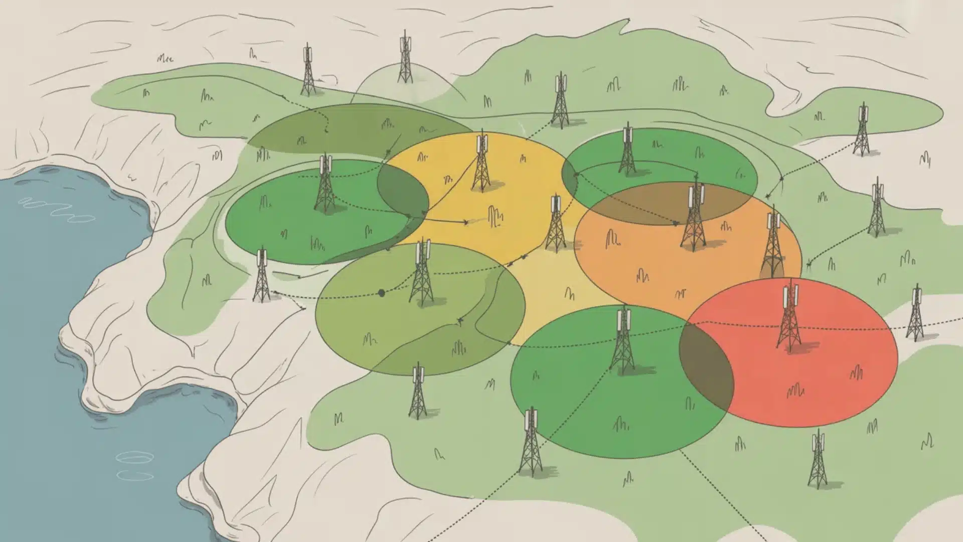 Map showing coverage areas with signal strength zones