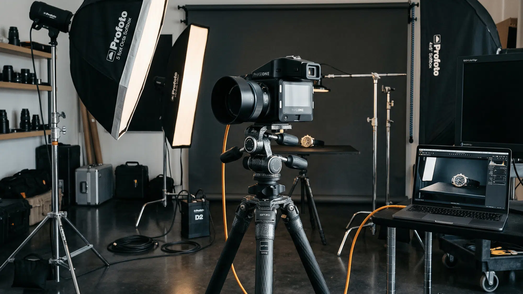 medium format camera on a tripod in a professional studio setup, softbox lighting, ultra high detail