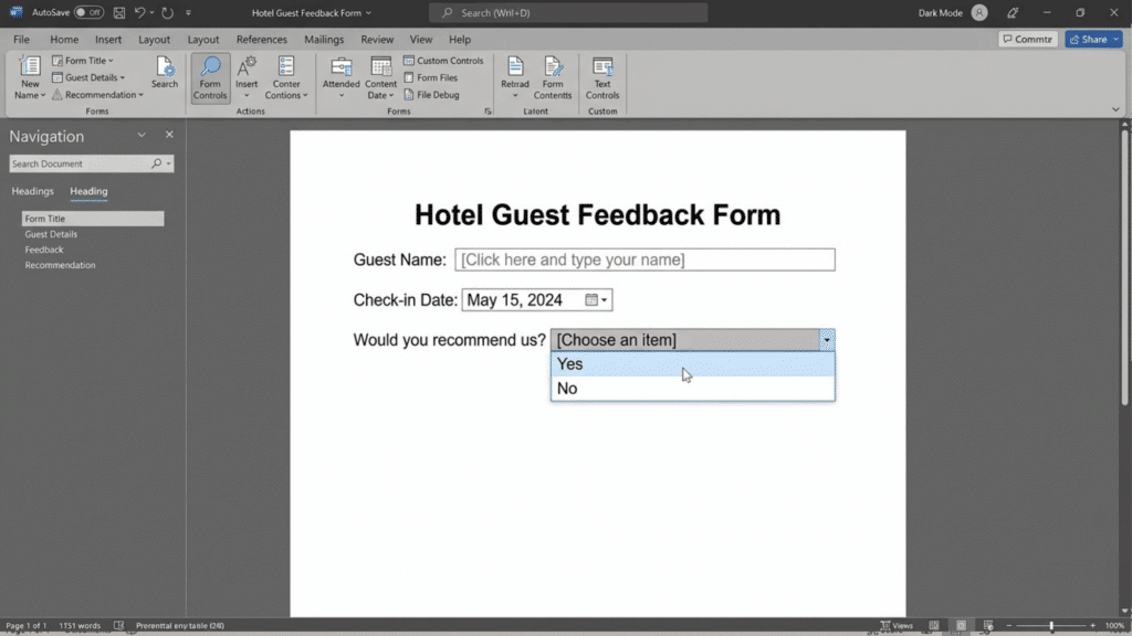 microsoft word form with guest name check in date and dropdown selection field created using developer tools