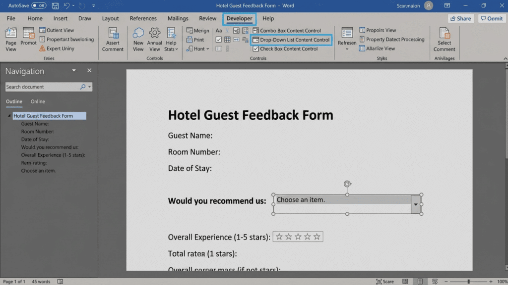 microsoft word interface with developer tab open highlighting dropdown list content control for form creation
