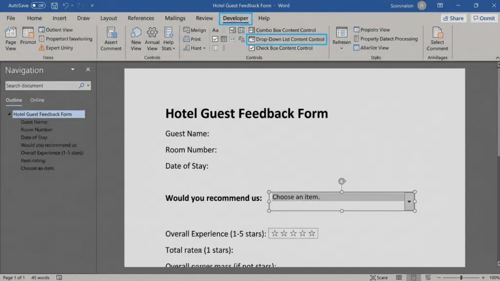 microsoft word interface with developer tab open highlighting dropdown list content control for form creation