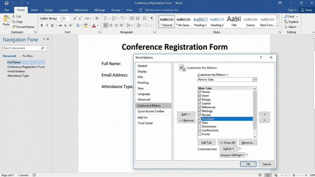 microsoft word options window showing customize ribbon with developer tab enabled for conference registration form