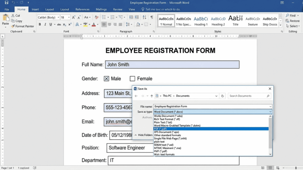 microsoft word save as dialog open selecting pdf format for exporting completed employee registration form