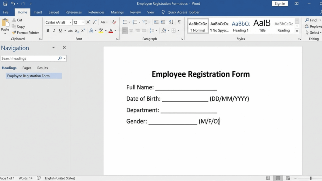 microsoft word screen showing employee registration form template with fields for name date of birth department
