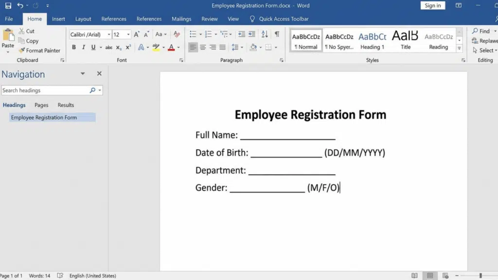 microsoft word screen showing employee registration form template with fields for name date of birth department