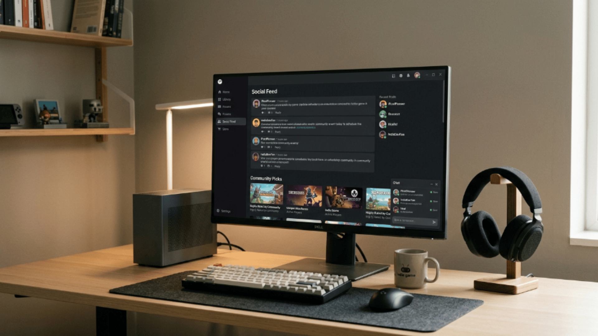 modern gaming setup with compact console, monitor displaying game library dashboard, keyboard, controller, and headset on desk