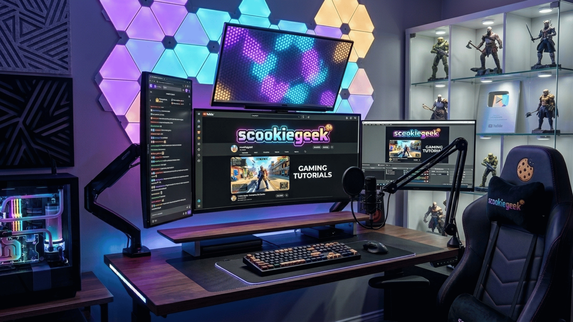 modern gaming setup with multiple screens showing scookiegeek tutorials, streaming tools, and RGB lighting for content creation and gameplay