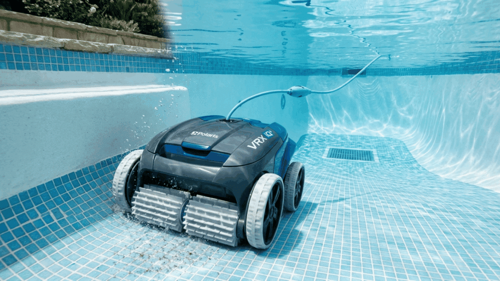 modern robotic pool cleaner placed beside a clean backyard pool, showcasing sleek design and advanced cleaning technology features.