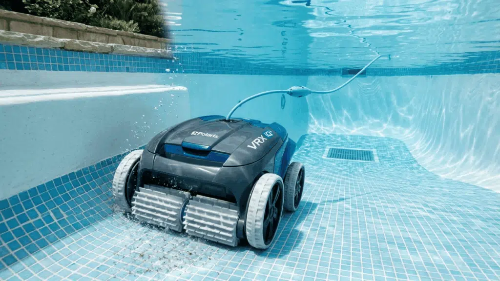 modern robotic pool cleaner placed beside a clean backyard pool, showcasing sleek design and advanced cleaning technology features.