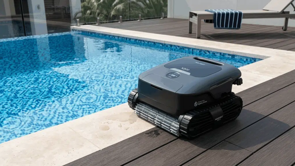 modern robotic pool cleaner placed beside a clean backyard pool, showcasing sleek design and advanced cleaning technology features. (1)