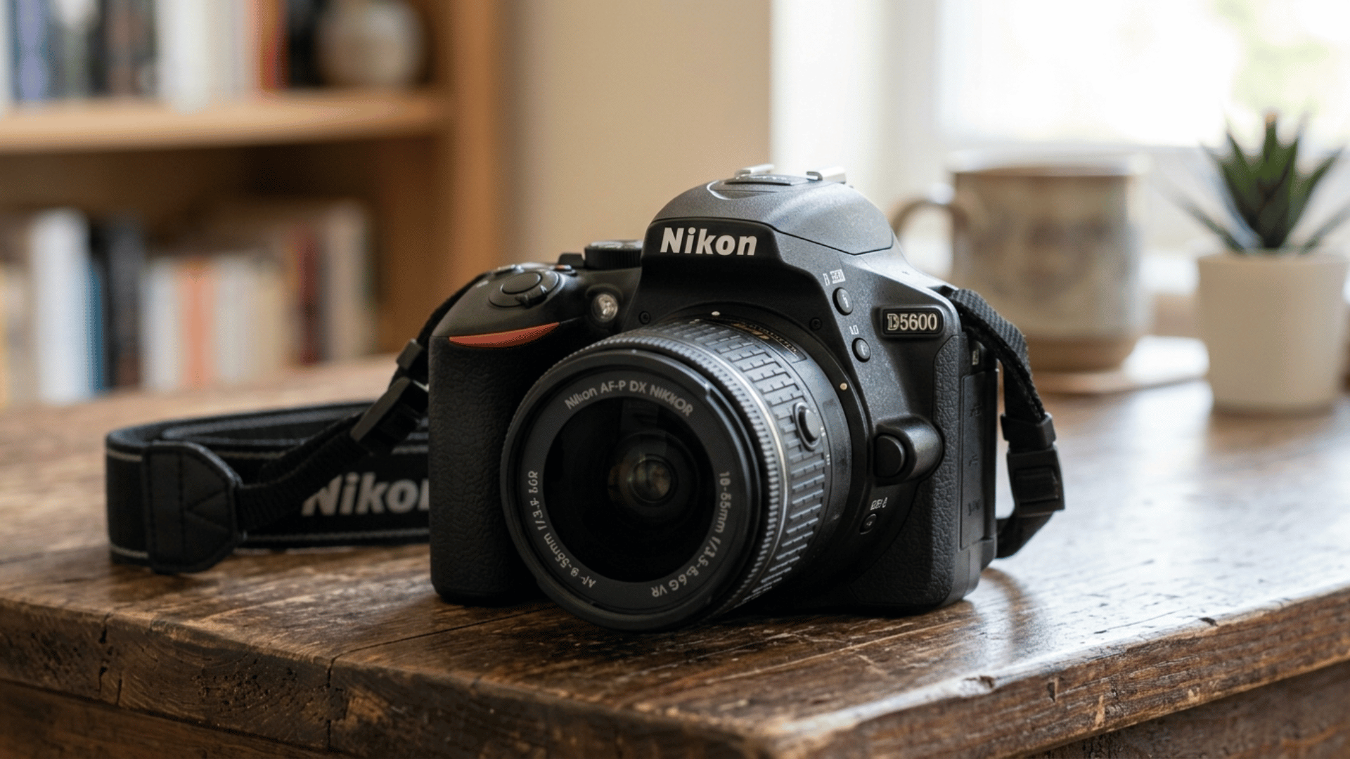 nikon D5600 DSLR camera placed indoors with natural light, showing beginner-friendly design and touchscreen controls