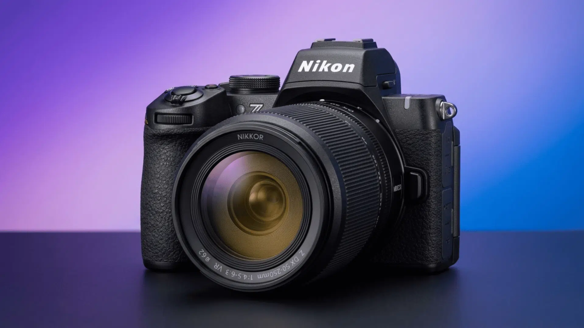 nikon z50 II camera with pink and blue neon light background futuristic style setup