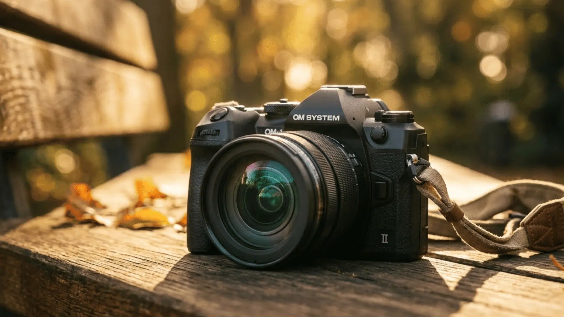om System om-1 mark II camera in outdoor sunlight with natural light and soft blurred background