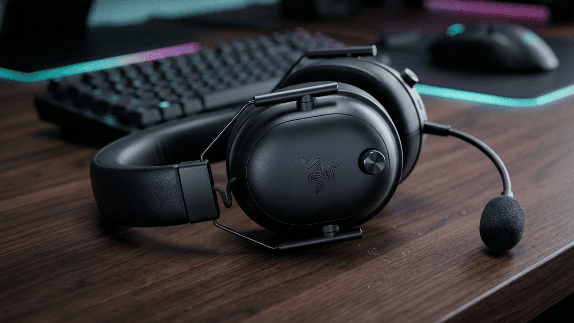 over ear gaming headset with adjustable frame and soft ear pads in clean modern gaming setup
